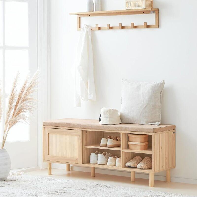 Bej Bambu ve MDF Minderli Sürgülü Kapaklı Oturaklı Ayakkabılık - 121x35x49 cm - 119733