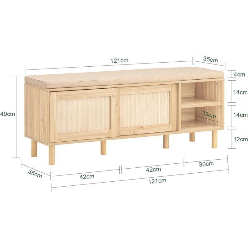 Bej Bambu ve MDF Minderli Sürgülü Kapaklı Oturaklı Ayakkabılık - 121x35x49 cm - 119733