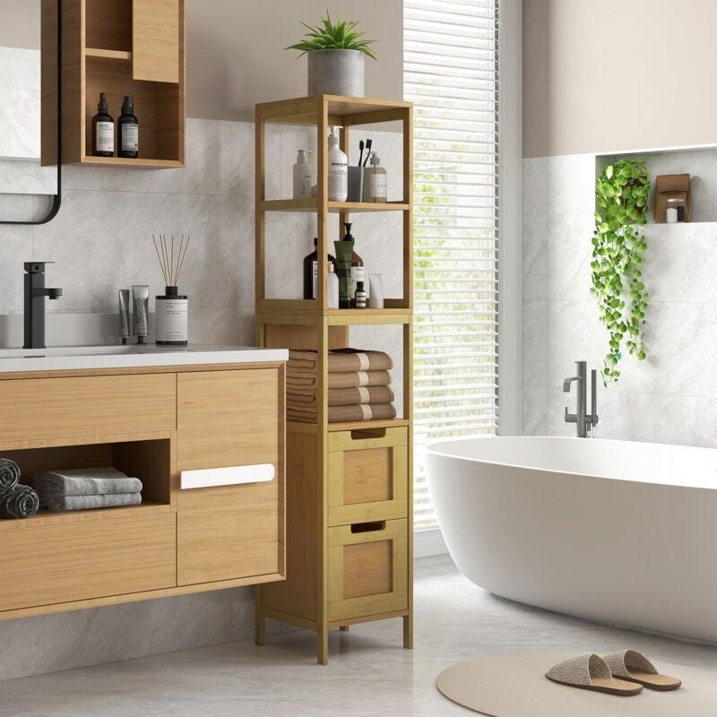 Bej Bambu ve MDF Raflı Çekmeceli Banyo Dolabı-30x30x145 cm - 113930