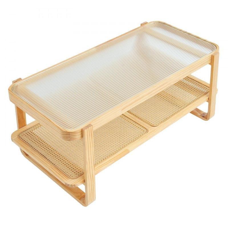 Bej Çam Ağacı İki Katlı Hasır Cam Sehpa-116x57x45 cm - 117666