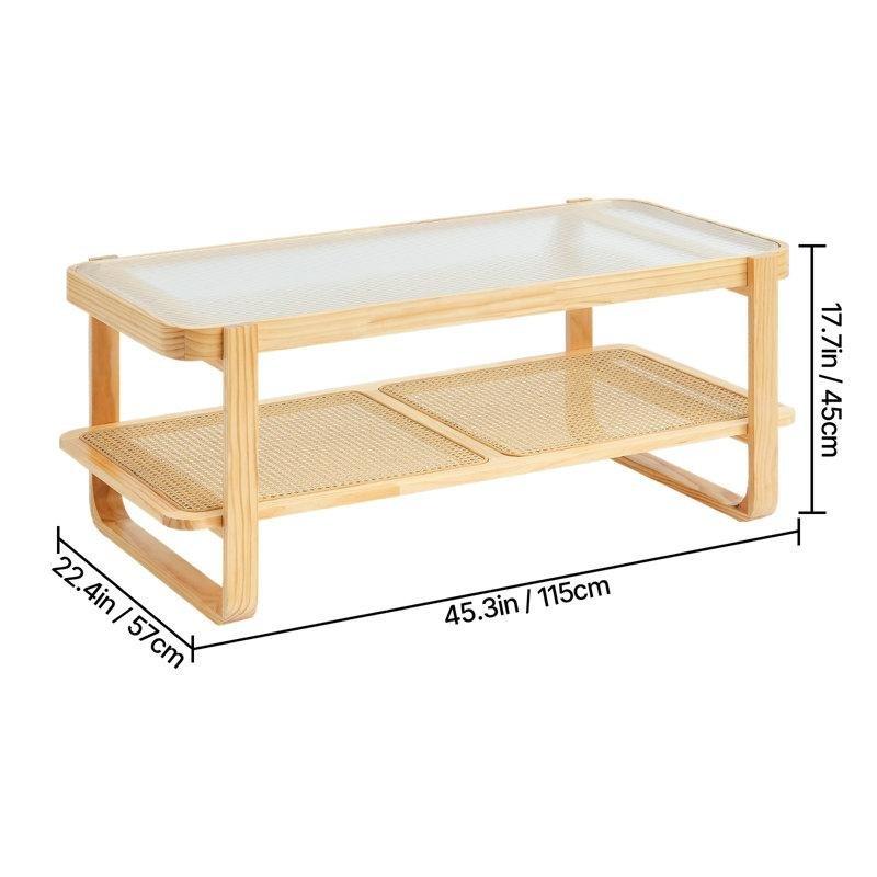 Bej Çam Ağacı İki Katlı Hasır Cam Sehpa-116x57x45 cm - 117666