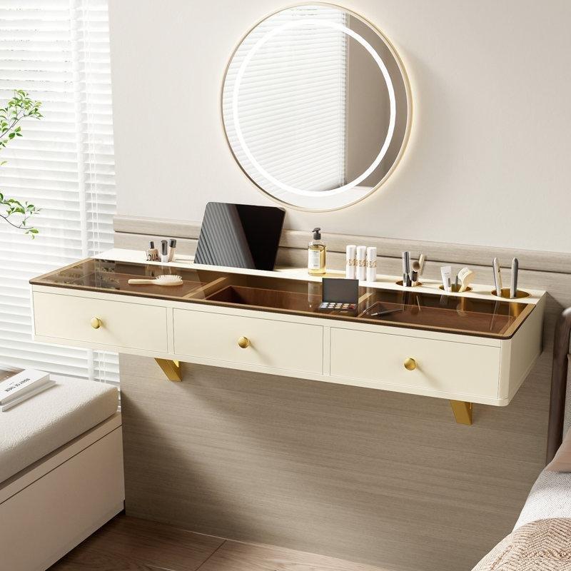 Bej Cam Üst Tablalı Organizer Bölmeli Duvara Monte Makyaj Masası - 120 cm - 121306