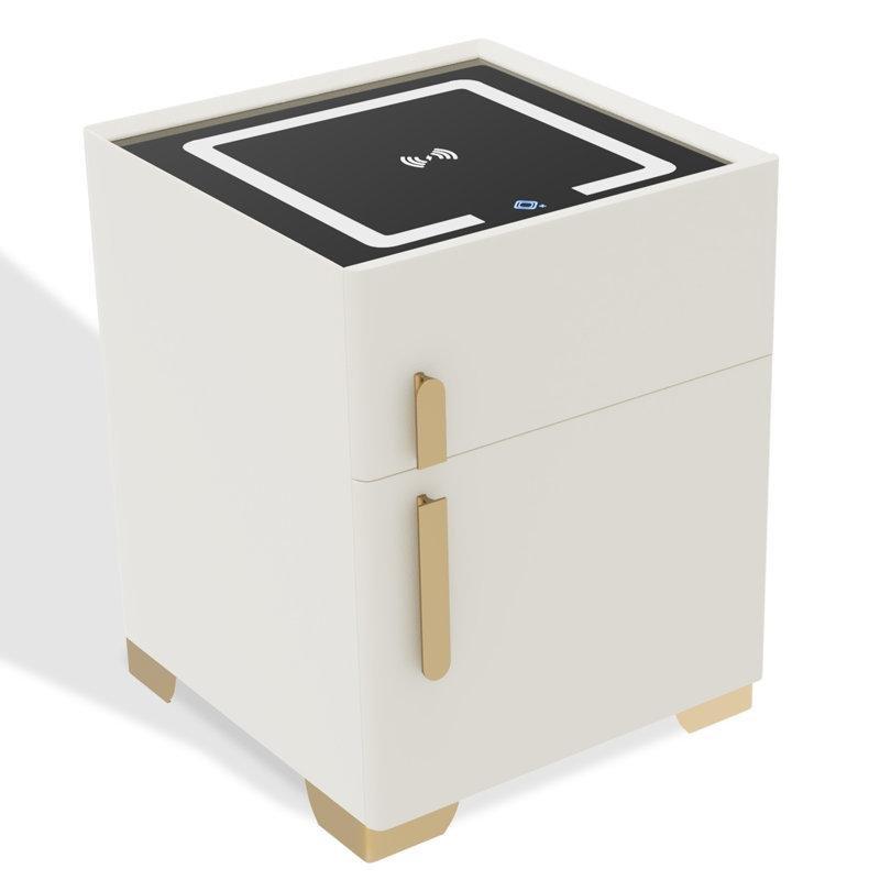 Bej Deri Kaplama Kablosuz Şarjlı ve Kasalı Akıllı Komodin - 41x41x51 cm - 128110