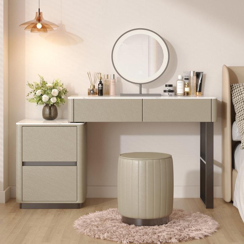 Bej Deri Kaplama Taş Tabla LED Aynalı ve Dolaplı Makyaj Masası - 140 cm - 121267