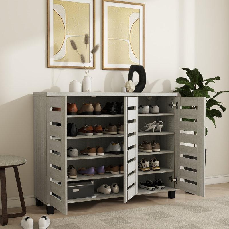 Bej Endüstriyel Ahşap 3 Kapaklı Panjurlu Ayakkabılık - 115x33x90 cm - 120808