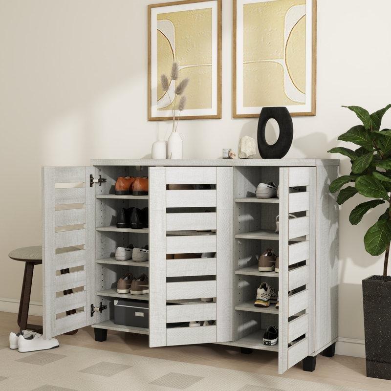 Bej Endüstriyel Ahşap 3 Kapaklı Panjurlu Ayakkabılık - 115x33x90 cm - 120808