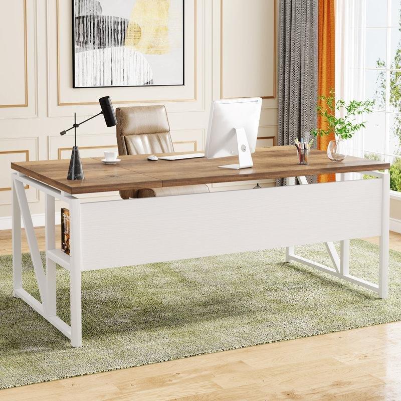 Bej Endüstriyel Ahşap Çizilmeye Dayanıklı Raflı Bilgisayar Masası-160x80x75 cm - 116781