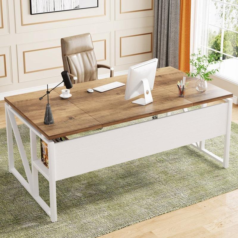 Bej Endüstriyel Ahşap Çizilmeye Dayanıklı Raflı Bilgisayar Masası-160x80x75 cm - 116781