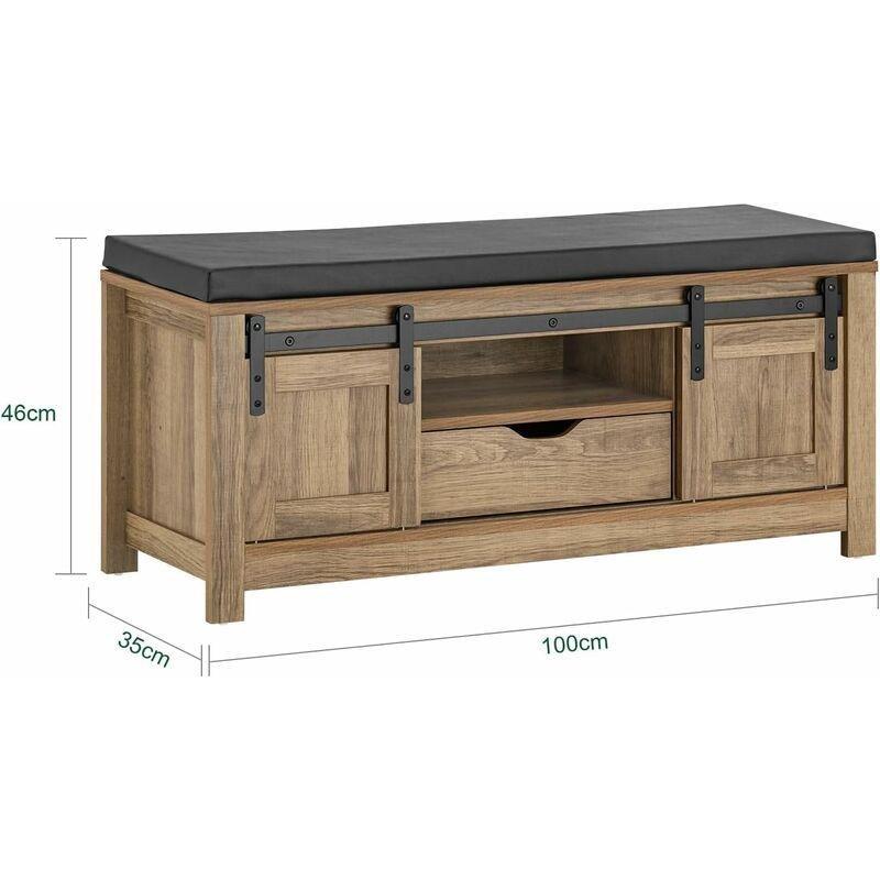 Bej Endüstriyel Ahşap Sürgülü Kapak ve Çekmece Detaylı Oturaklı Ayakkabılık -100x35x46 cm - 119708
