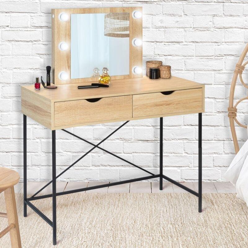 Bej Endüstriyel Ahşap ve Metal 6 LED Işıklı Çekmeceli Makyaj Masası - 99x45x123 cm - 122032