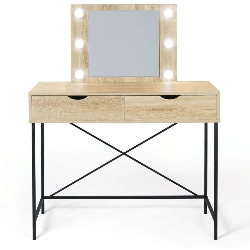 Bej Endüstriyel Ahşap ve Metal 6 LED Işıklı Çekmeceli Makyaj Masası - 99x45x123 cm - 122032