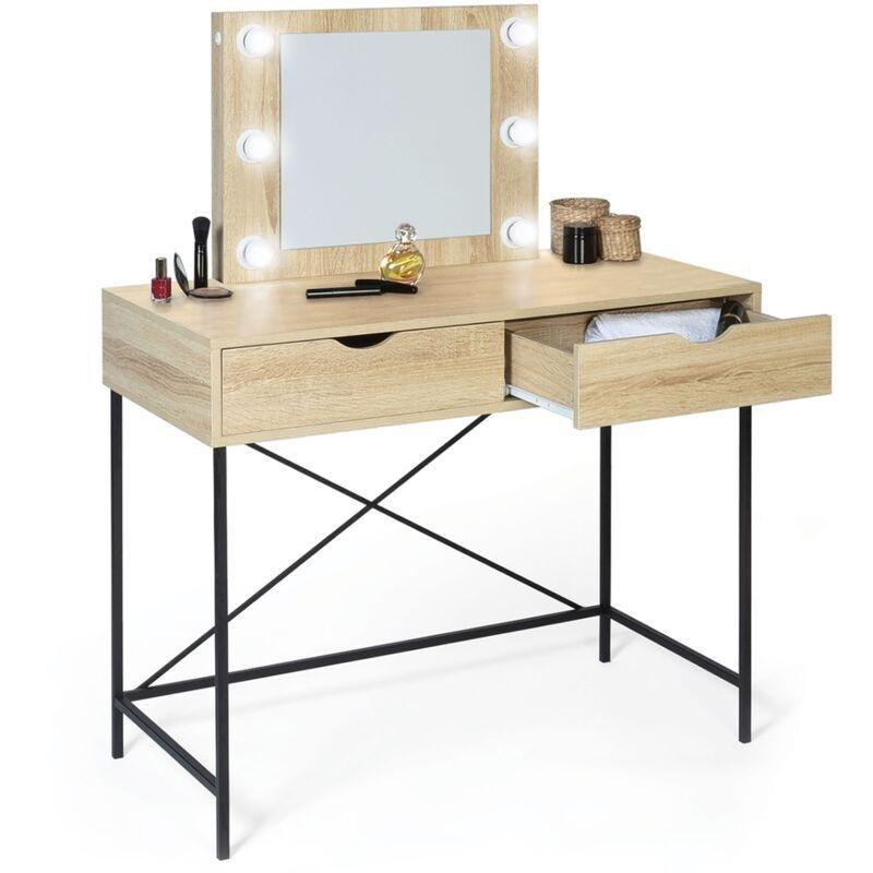 Bej Endüstriyel Ahşap ve Metal 6 LED Işıklı Çekmeceli Makyaj Masası - 99x45x123 cm - 122032