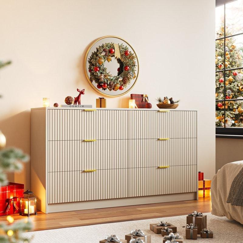 Bej Endüstriyel Ahşap Yivli Panel Tasarımlı Gold Kulp Detaylı 6 Çekmeceli Şifonyer-140x80 cm - 123073