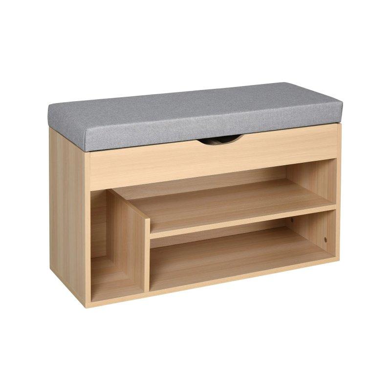 Bej Gri Ahşap Keten Minderli Sandıklı Ayakkabılık Bench-80x30x48 cm - 118447