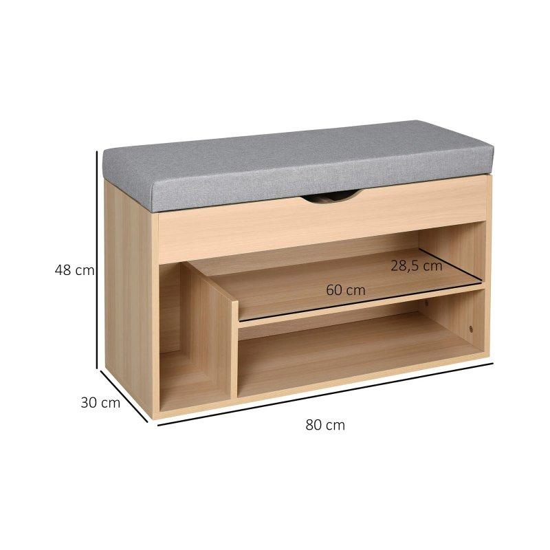 Bej Gri Ahşap Keten Minderli Sandıklı Ayakkabılık Bench-80x30x48 cm - 118447