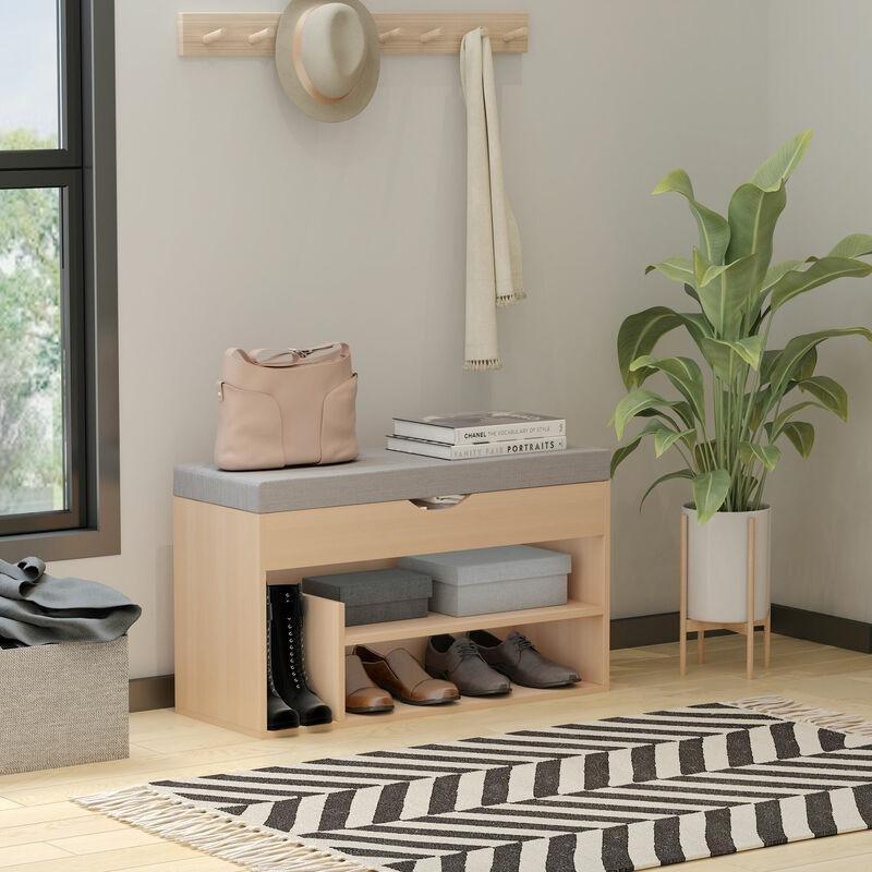 Bej Gri Endüstriyel Ahşap Sandıklı Minderli Oturaklı Ayakkabılık - 80x30x48 cm - 119669