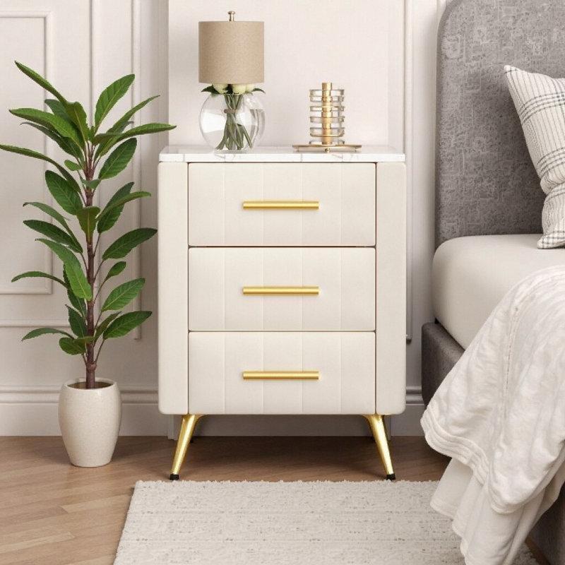 Bej Kadife Kaplama 3 Çekmeceli Mermer Desenli Komodin - 42x42x56 cm - 127993