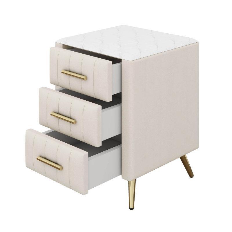 Bej Kadife Mermer Desenli Üst Tabla Gold Detaylı Mermer Komodin - 42x42x56 cm - 127918