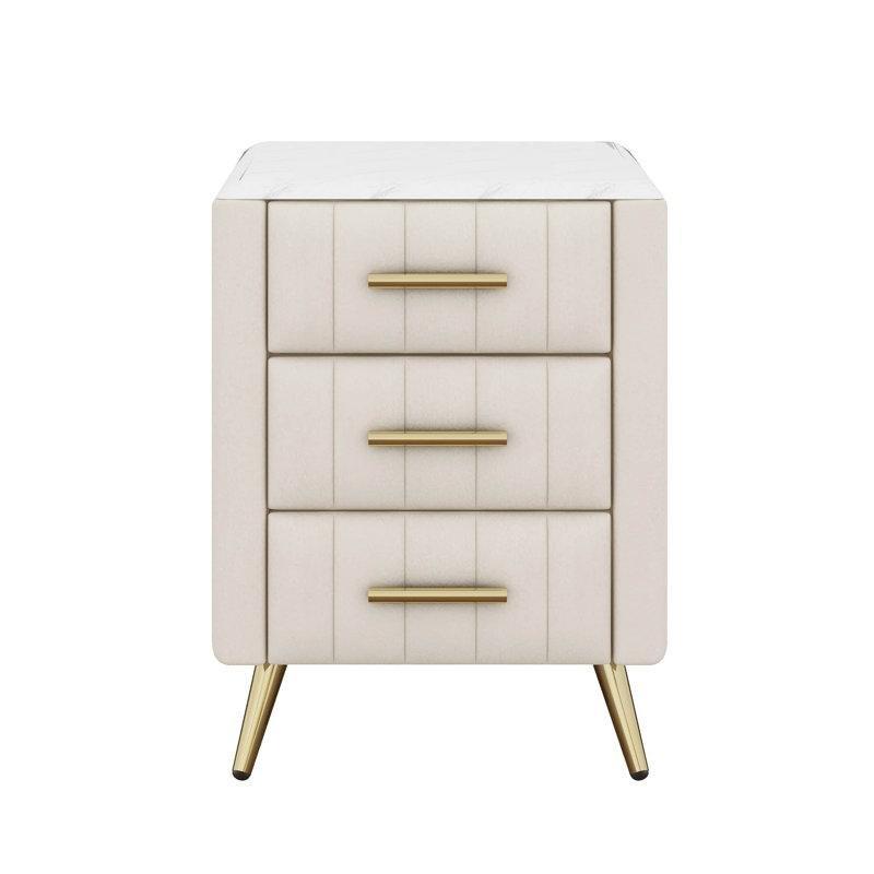 Bej Kadife Mermer Desenli Üst Tabla Gold Detaylı Mermer Komodin - 42x42x56 cm - 127918