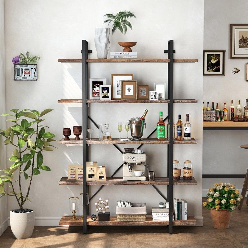 Bej Kahverengi Metal ve Endüstriyel Ahşap 5 Raflı Çapraz Destekli Kitaplık - 120x178 cm - 141748