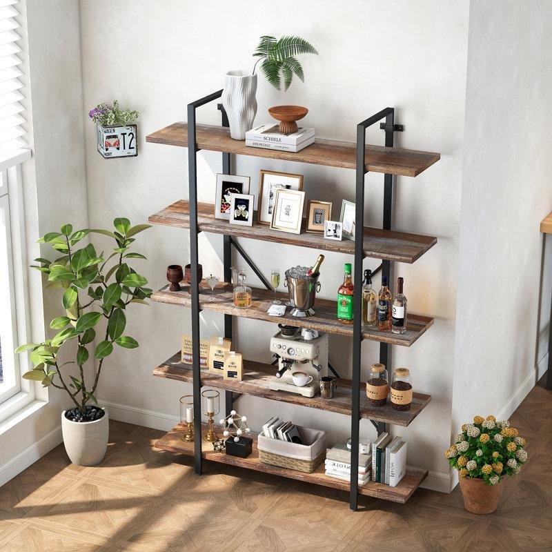 Bej Kahverengi Metal ve Endüstriyel Ahşap 5 Raflı Çapraz Destekli Kitaplık - 120x178 cm - 141748