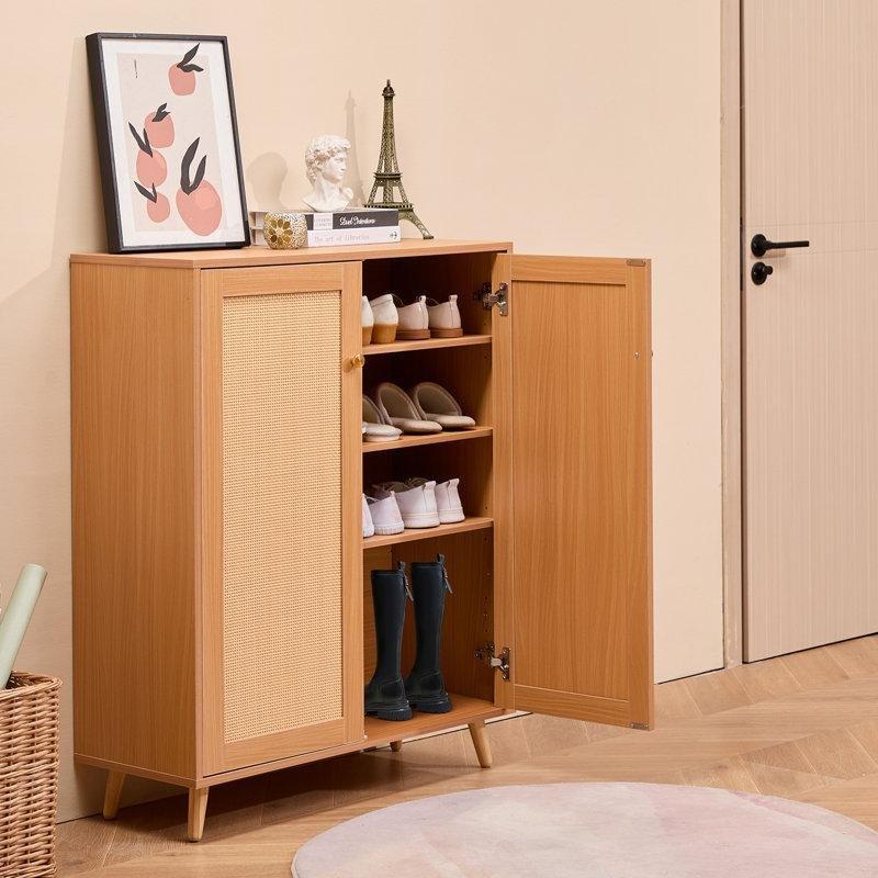 Bej Masif Ahşap Ayaklı Rattan Kapaklı 5 Raflı Hasır Ayakkabılık - 81x35x103 cm - 120988