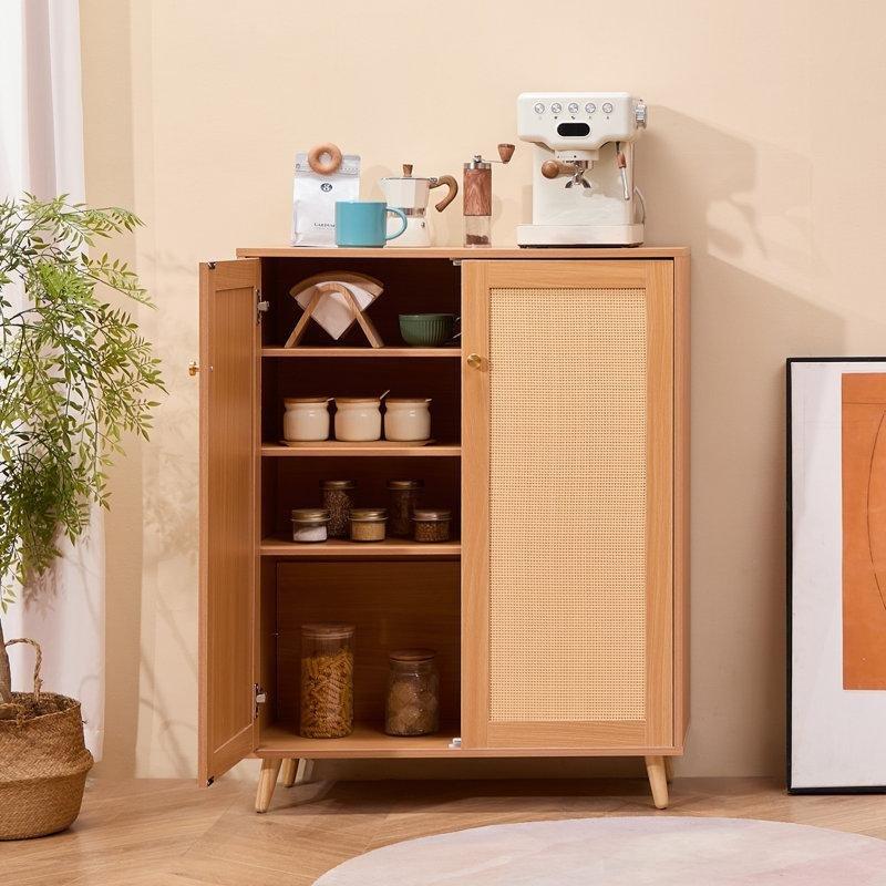 Bej Masif Ahşap Ayaklı Rattan Kapaklı 5 Raflı Hasır Ayakkabılık - 81x35x103 cm - 120988