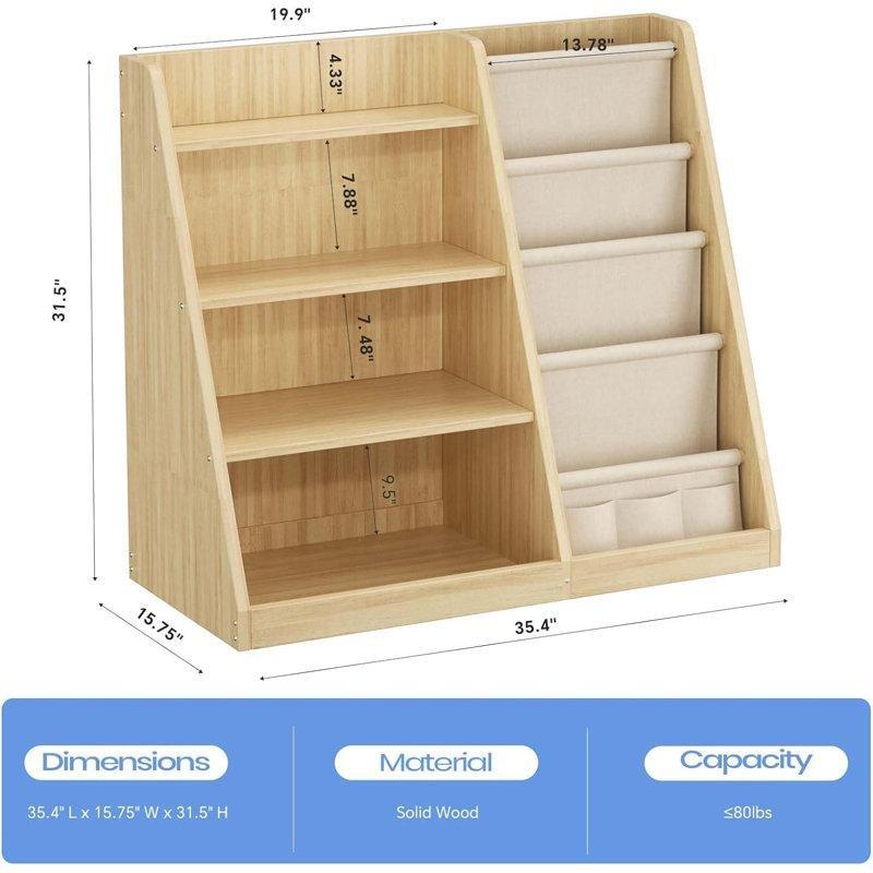 Bej Masif Çam 4 Raflı Bez Bölmeli Çocuk Odası Kitaplık - 90x40x80 cm - 141250