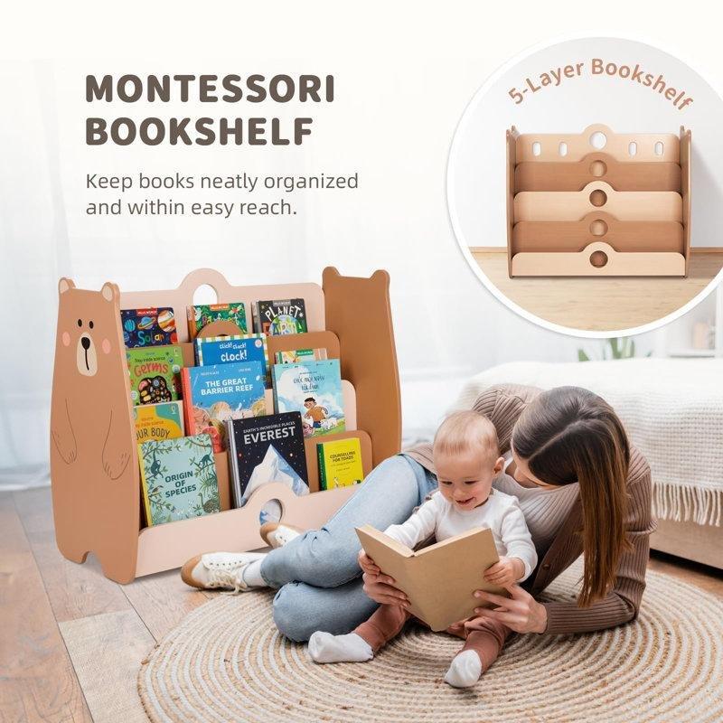 Bej Masif Çam Ağacı 4 Raflı Ayıcık Figürlü Montessori Kitaplık - 90x40x77 cm - 141142