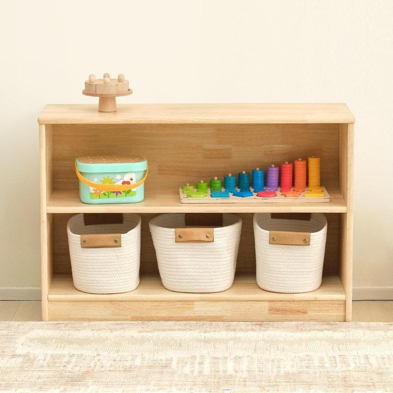 Bej Masif Kauçuk Ağacı Yuvarlak Köşeli 2 Raflı Montessori Kitaplık -90x60 cm - 141166