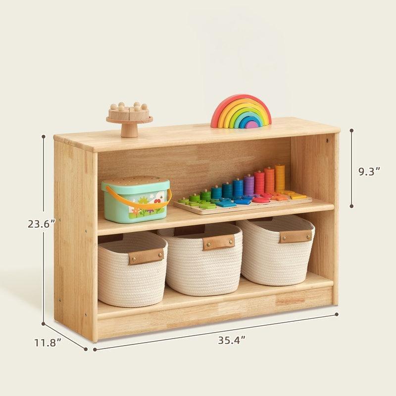 Bej Masif Kauçuk Ağacı Yuvarlak Köşeli 2 Raflı Montessori Kitaplık -90x60 cm - 141166