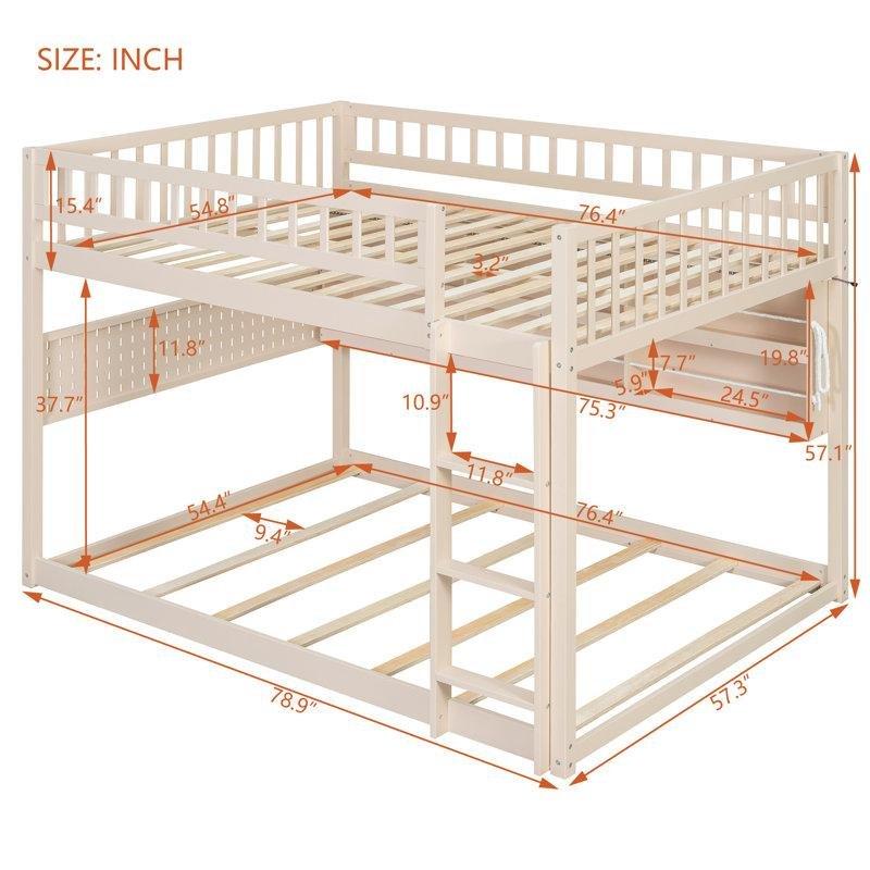 Bej Masif ve Endüstriyel Ahşap LED Aydınlatmalı Raflı Pegboard Panelli Alçak Ranza - 146x201 cm - 124599