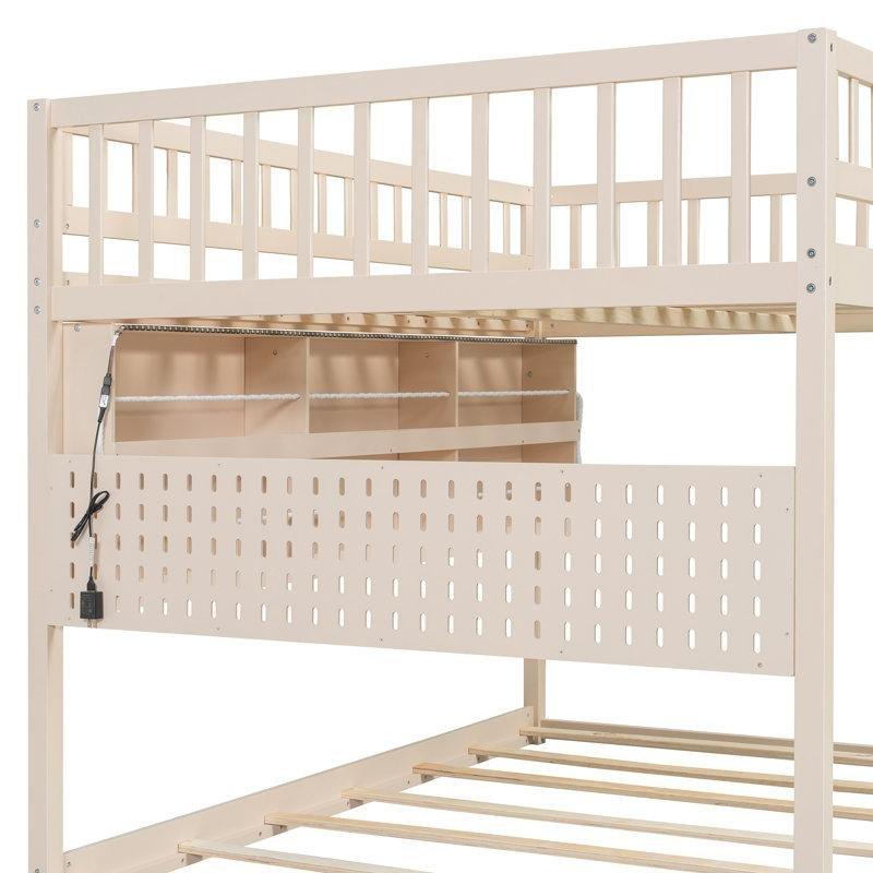 Bej Masif ve Endüstriyel Ahşap LED Aydınlatmalı Raflı Pegboard Panelli Alçak Ranza - 146x201 cm - 124599