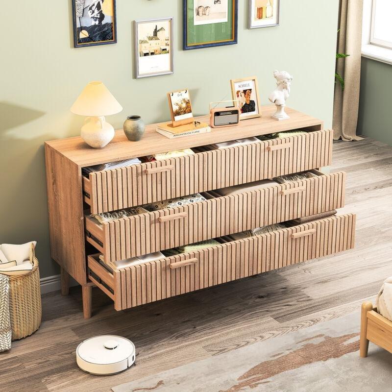 Bej MDF 6 Çekmeceli Dikey Desenli Şifonyer - 100x34x73 cm - 123193