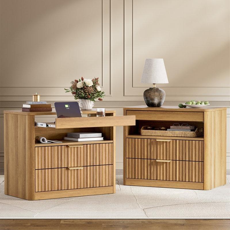 Bej MDF Prizli ve Sürgülü Servis Sehpalı Yivli Tasarım Komodin - 70x40x60 cm - 127619
