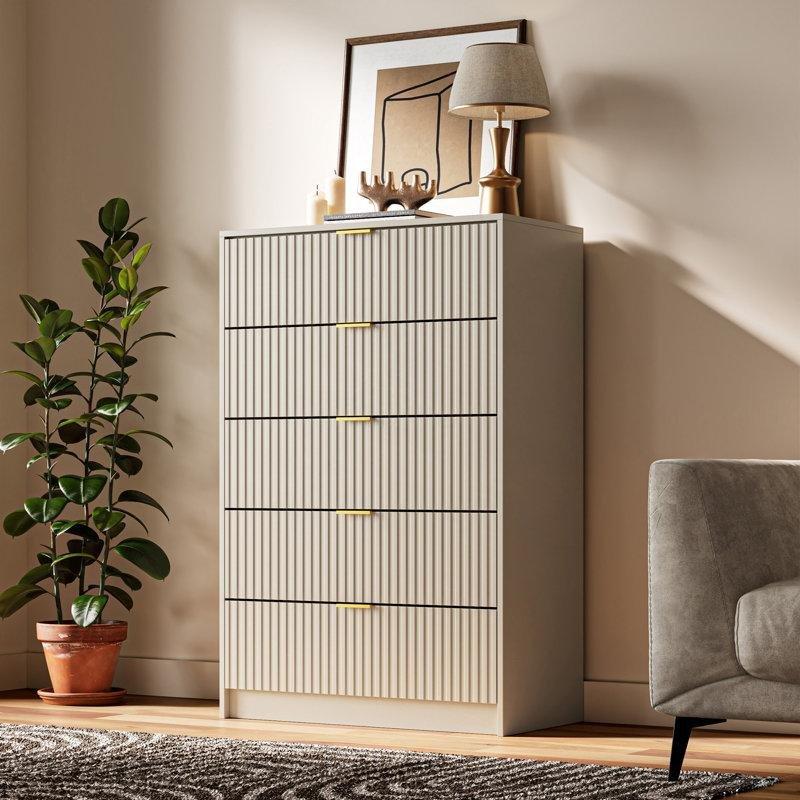 Bej MDF Yivli Tasarım Gold Kulp 5 Çekmeceli Şifonyer - 80x120 cm - 123100