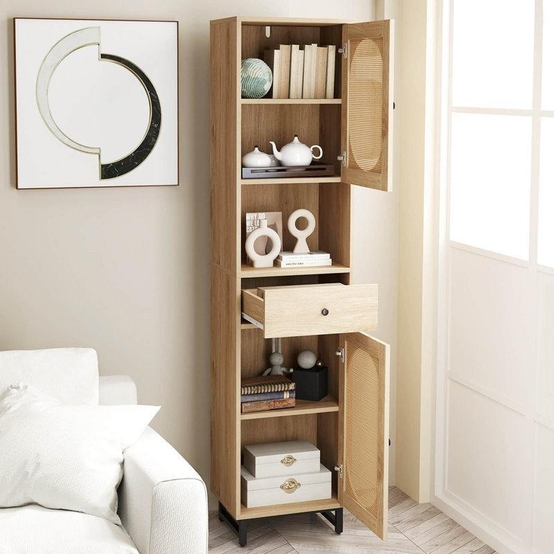 Bej Mühendislik Ahşap Hasır Kapaklı Raf Ayarlı Hasır Banyo Dolabı-41x31x171 cm - 114184