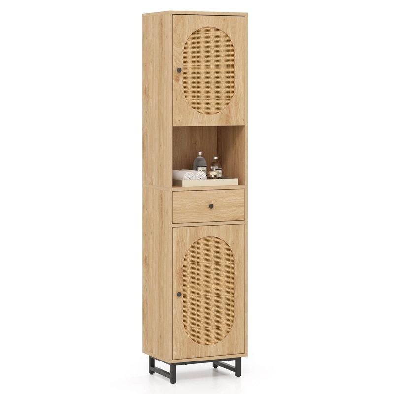 Bej Mühendislik Ahşap Hasır Kapaklı Raf Ayarlı Hasır Banyo Dolabı-41x31x171 cm - 114184