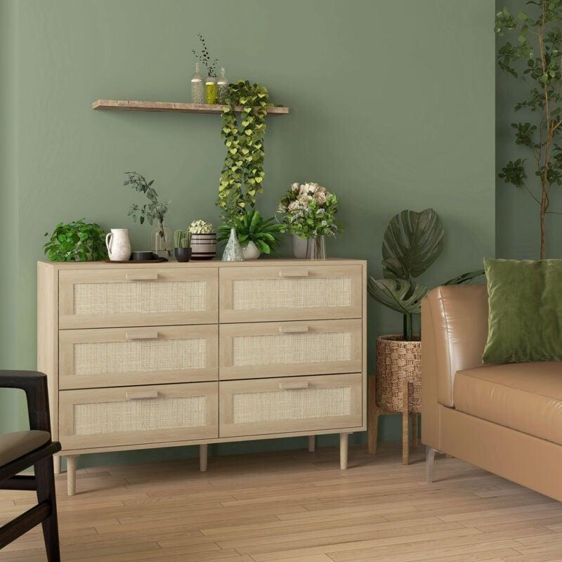 Bej Rattan ve Ahşap 6 Çekmeceli Bohem Şifonyer - 110x40x75 cm - 123312