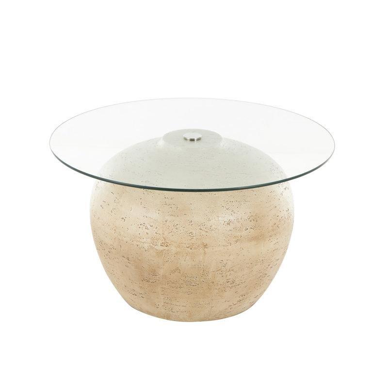 Bej Reçine Masif Ayaklı Yuvarlak Cam Sehpa-77x46 cm - 117780