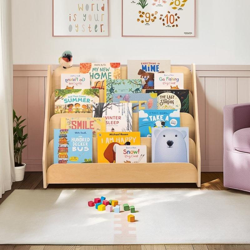 Bej Sarı Gold Masif ve Endüstriyel Ahşap 4 Raflı Ön Yüz Sergilemeli Montessori Kitaplık - 91x76x37 cm - 141151