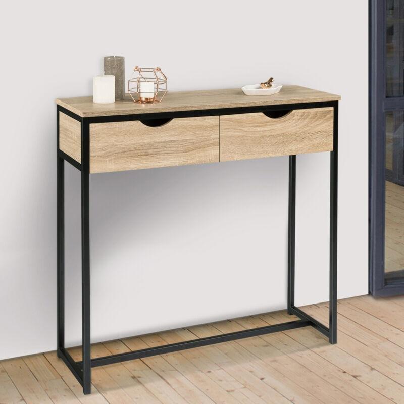 Bej Siyah Metal Ahşap 2 Çekmeceli Endüstriyel Tasarım Dresuar - 90x30x80 cm - 134002