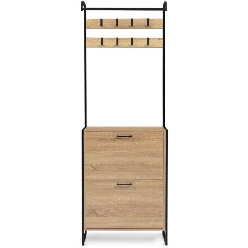 Bej Siyah Metal ve Ahşap 8 Askılı Düşer Kapaklı Vestiyer Ayakkabılık - 64x24x180 cm - 120500