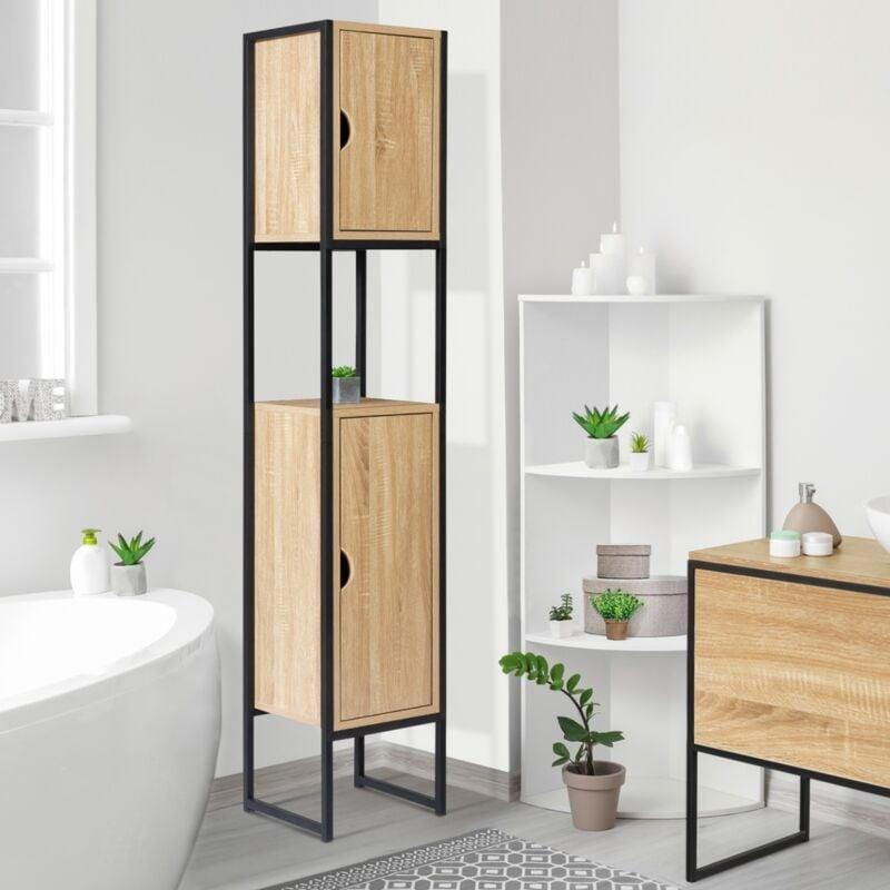 Bej Siyah Metal ve Yonga Levha 2 Kapaklı Açık Bölmeli Banyo Dolabı-30x30x170 cm - 113975