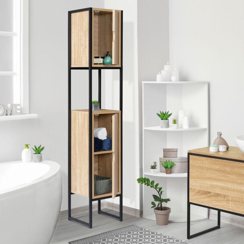 Bej Siyah Metal ve Yonga Levha 2 Kapaklı Açık Bölmeli Banyo Dolabı-30x30x170 cm - 113975