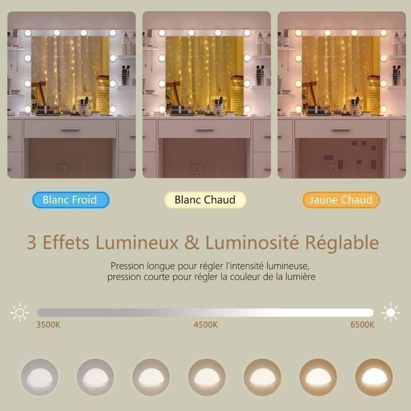 Beyaz 10 LED Işıklı Şarj İstasyonlu 7 Çekmeceli Aynalı Makyaj Masası - 107x40x140 cm - 122398