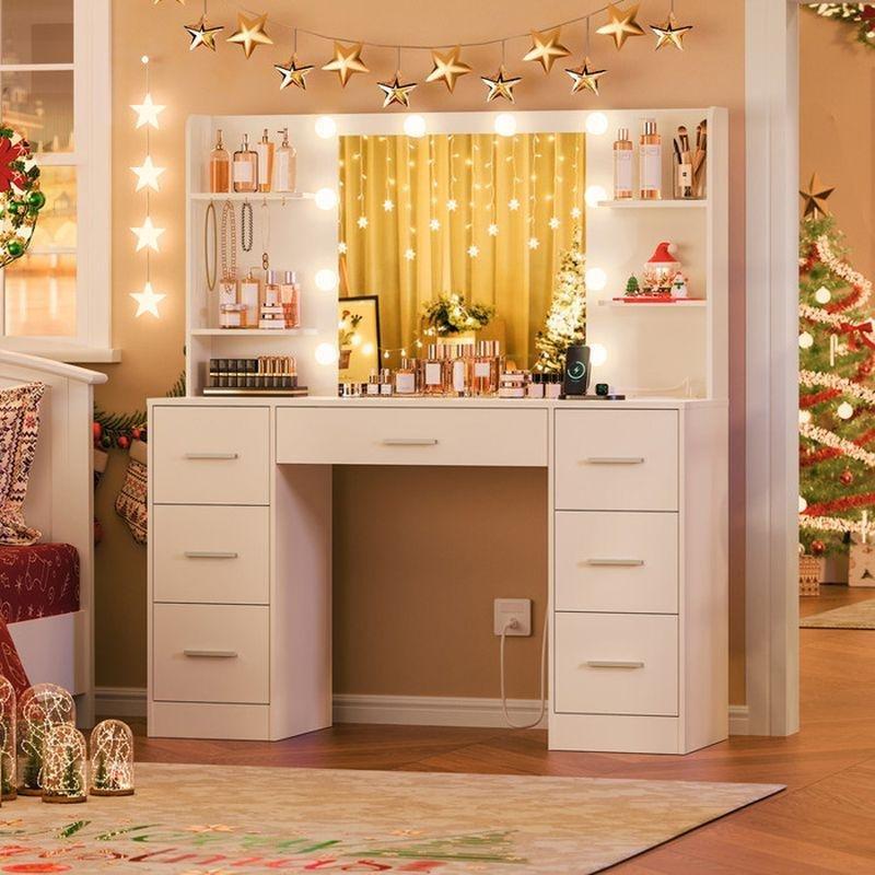 Beyaz 10 LED Işıklı Şarj İstasyonlu 7 Çekmeceli Aynalı Makyaj Masası - 107x40x140 cm - 122398
