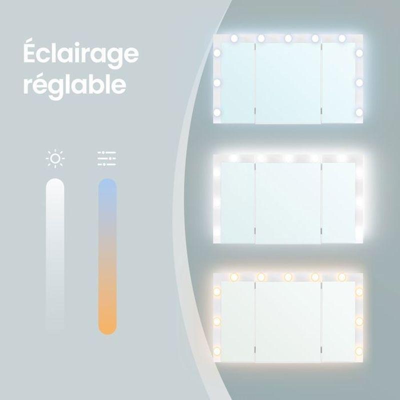 Beyaz 9 Çekmeceli 3 Renk LED Işıklı Entegre Prizli Katlanır Üç Aynalı Makyaj Masası - 107x40x144 cm - 122404