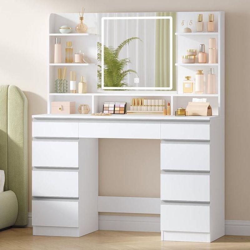 Beyaz 9 Çekmeceli ve Raflı LED Işıklı Aynalı Makyaj Masası - 108x40x140 cm - 122293