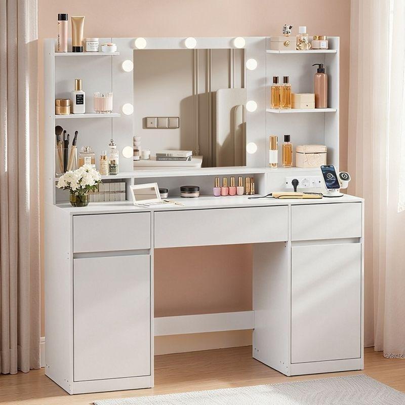 Beyaz 9 LED Işıklı ve Priz Çıkışlı Çok Bölmeli Makyaj Masası - 107x40x144 cm - 122422